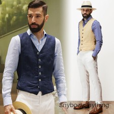 Men's Cotton Linen Vest Suit Waistcoat V-Neck Gilet Business Casual Button Tops