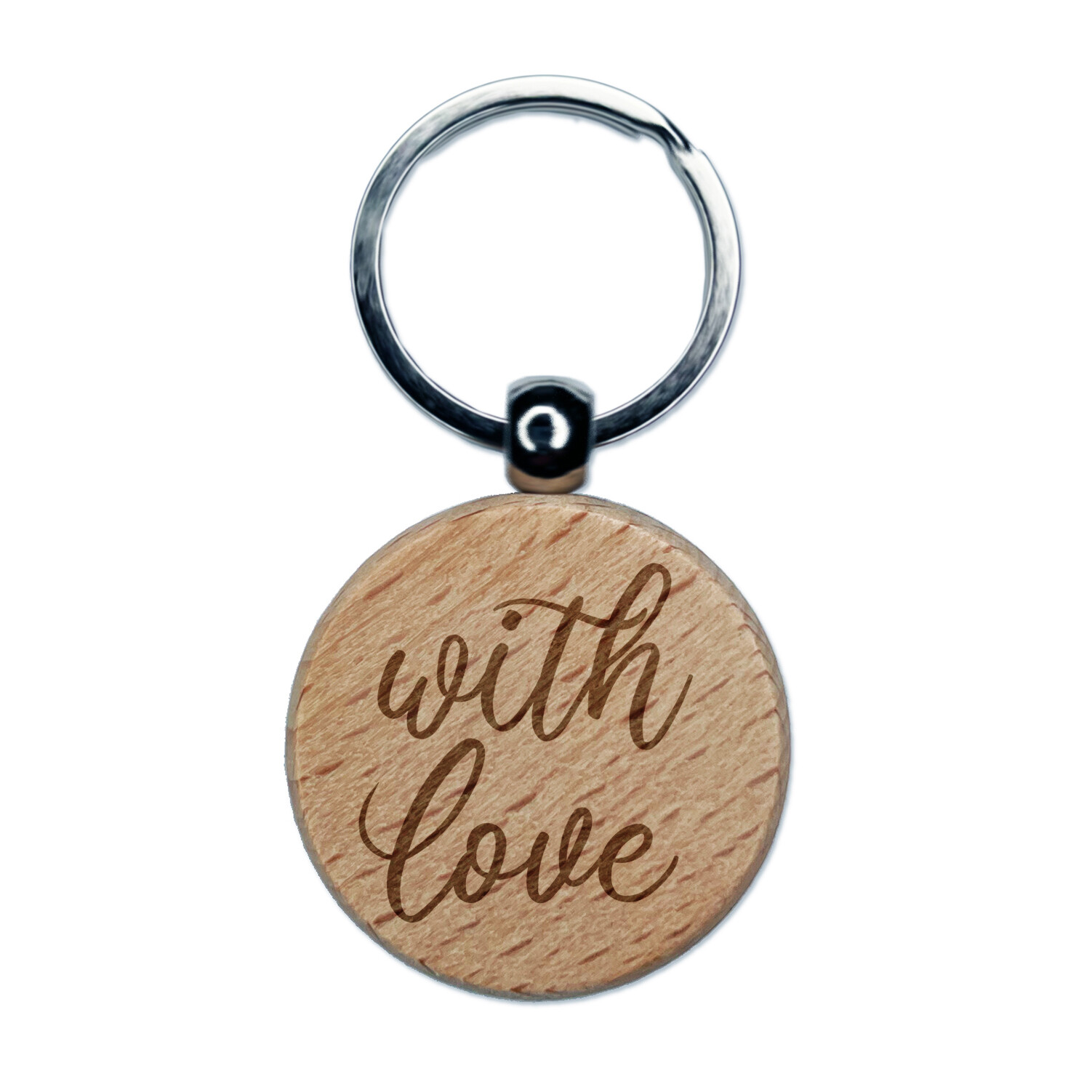 With Love Script Engraved Wood Round Keychain Tag Charm