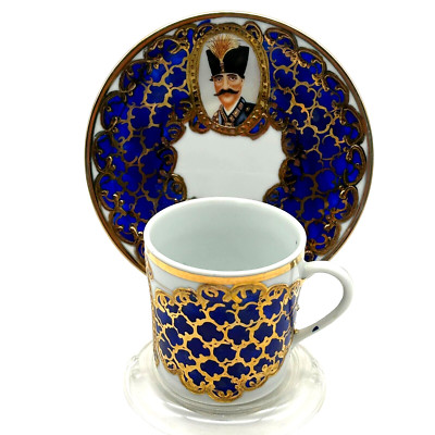 Antique Persian King Naser Shah Cobalt Gold Gilt Demitasse Teacup & Saucer Set