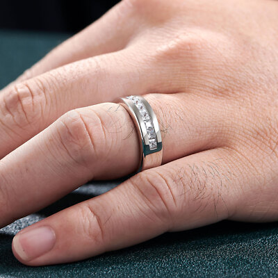 YL Men's Wedding Band Ring - 925 Sterling Silver With 8x8mm AAA Cubic Zirconia, Anniversary & Engagement Ring