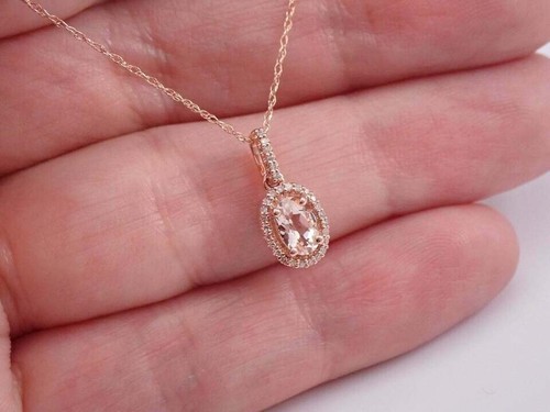 4Ct Oval Cut Simulated Morganite & Diamond Pendant 14K Rose Gold Plated Silver - Picture 2 of 4