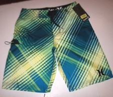 NEW Hurley sz 18 swimsuit boys youth board shorts swim trunks green plaid