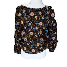 ANA Floral Daisy Top Small Cropped Black Boho Garden Cottagecore NEW