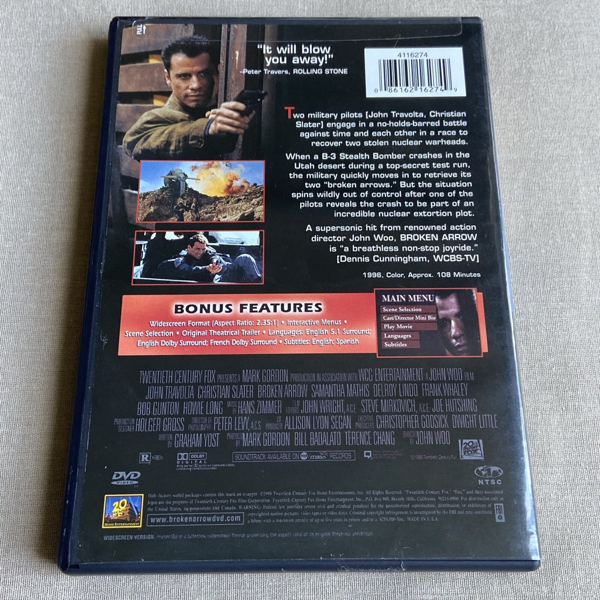 Broken Arrow (DVD, 1996) Action Thriller John Travolta Christian