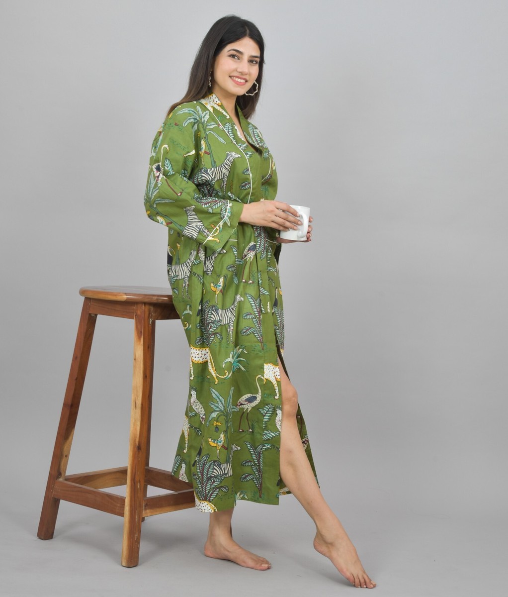 green kimono dressing gown Animal Print Cotton Robe Gown, Block Print Bridesmaid Robe cherry blossom kimono robe