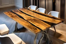 Live Edge Epoxy River Dining Table | Black Resin Wood Slab Custom Kitchen Table|