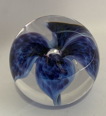 GES Glass Eye Studio Art Glass Purple Orchid Flower Paperweight 2 1/2  VTG 2000