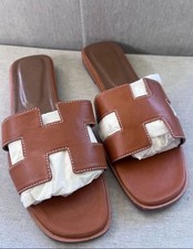 Hermès Logo Slip On Leather Brown Women's Slide Comfort Sandals