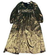 In February Women Small Dress Gold Metallic Deep V-Neck Party Polyester Long