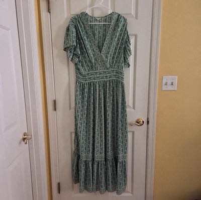Max Studio London Maxi Dress XL Chiffon Floral V-Neck Flutter Sleeve Green