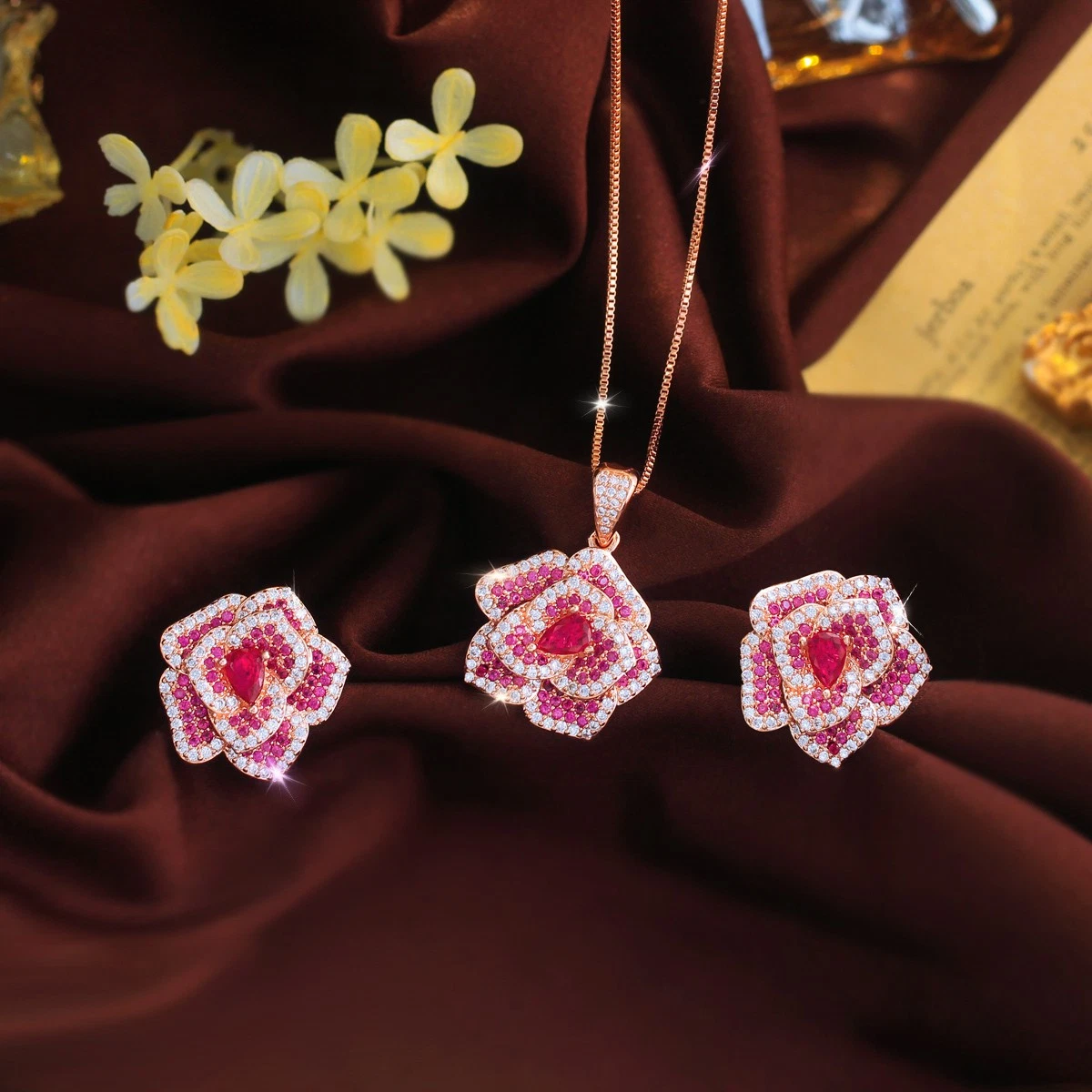 rose gold jewelry with red dress Amazon.com: Abbylike 4 Pcs Women Evening Clutch Set Red Rose Necklace Pendent Bracelet Earrings Floral Satin Purses Costume Accessories for Cosplay Christmas Wedding Party Prom: Clothing, Shoes & Jewelry