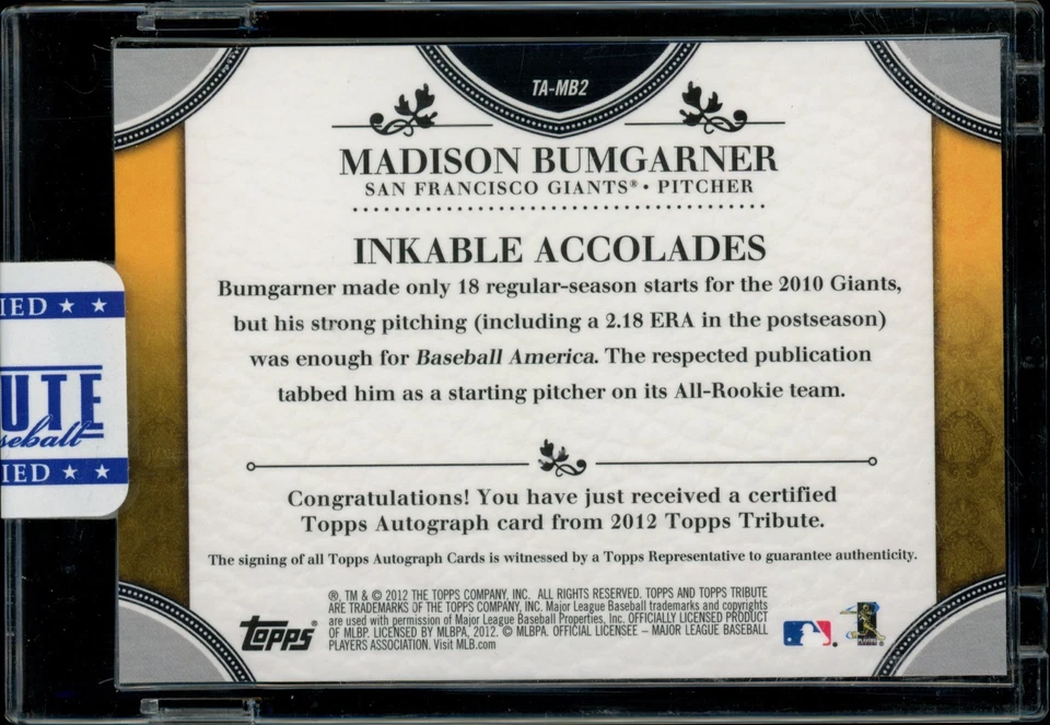2012 Topps Tribute #TA-MB2 Madison Bumgarner Auto # /50 GIANTS - Image 2 of 2