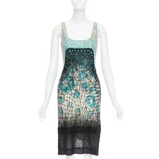 CAROLINA HERRERA teal green cream black silk fully beaded crystal dress US2 S