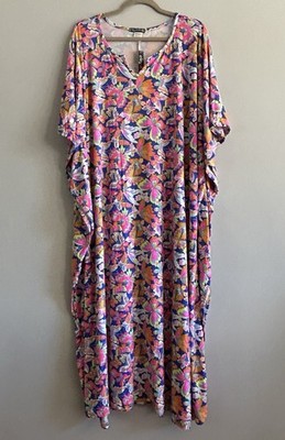 1X/2X/3X New Blue White Butterfly Print Kaftan Knit Beach Cover Dress Nightgown