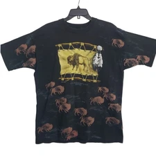 VTG Single Stitch Art Unlimited Buffalo Bison Graphic T-Shirt Black All Over XL