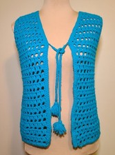 Vintage 1970s Crochet Open Chunky Knit Vest Cover Tie Closure Aqua/Turquoise