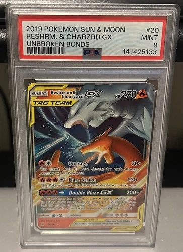 2019 Pokémon Sun and Moon Reshiram and Charizard GX Unbroken Bonds PSA 9