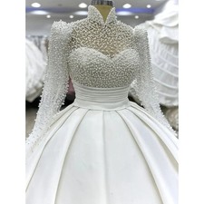 White Pearls Wedding Dress Luxury High Collar Long Sleeves Pleat Draped BallGown