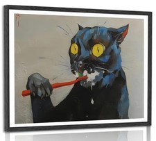Funny Black Cat Brushing Teeth Canvas Wall Art Vintage Bathroom Cat Painting ...