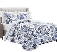 Cynthia Jacobean Reversible Cotton Quilt Queen Size 3 Piece Set Full/Queen Bl...