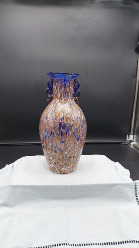 Cobalt Blue, Bronze & White Vetro Murano Barovier Toso Style Glass Vase 9.5" Tal