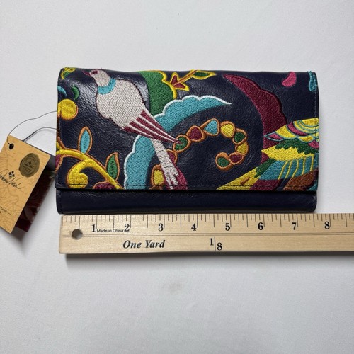 Patricia Nash Cartera Cuero Tamaño Completo Triple Azul RARO Pájaro Bordado NUEVO - Imagen 8 de 13