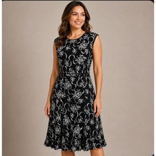 NWT Talbots Dress 8 Crepe Fit & Flare Floral Print Sleeveless Black Office $149