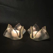 Vtg AnnieGlass USA Handkerchief Candle Holder Gold Rim Frosted Glass Marked