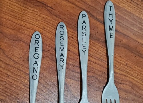 4 Metal Herb Plant Stakes, Rosemary, Parsley, Thyme, Oregano , Metal Forks