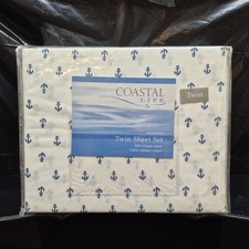 Coastal Life Twin Sheet Set White/Blue Nautical Anchor Pattern 100 Cotton 300ct