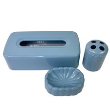 Country Blue Vintage Bathroom Vanity Set Soap Dish Toothbrush Tissue Holder
