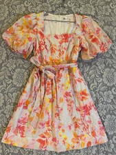 Eliza J Floral Eyelet Cotton Mini Dress Square Neckline Puff Sleeves Lined Sz 8