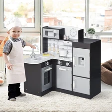 Childrens Electronic Cooking Kitchen Toy w/ Microwave, Fridge, & Cabinets, Black