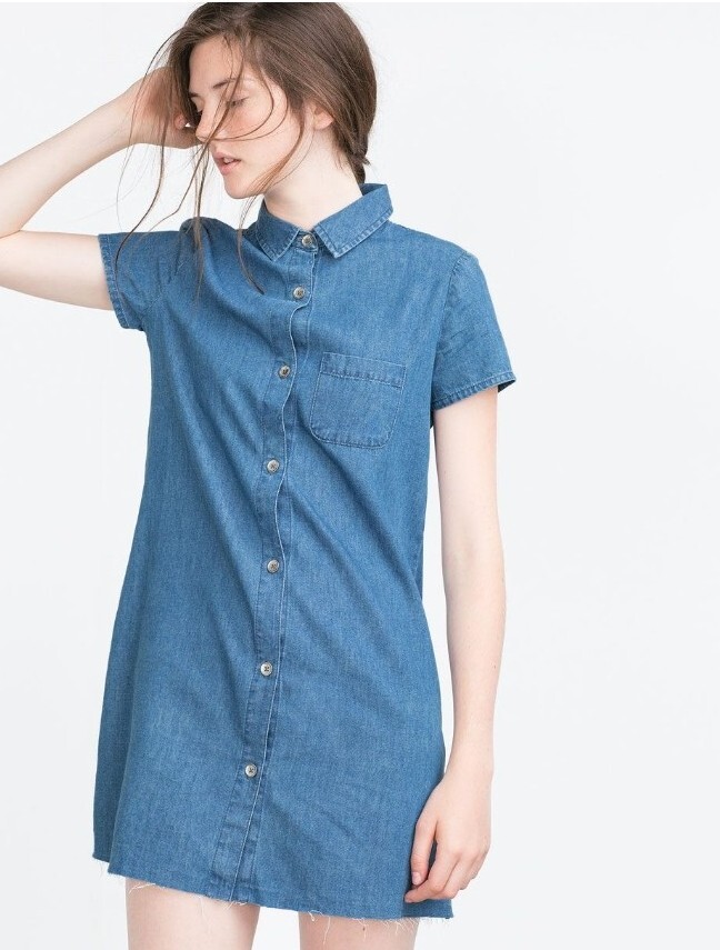 zara denim shirt dress short sleeves, Women's Fashion,Blue Size L