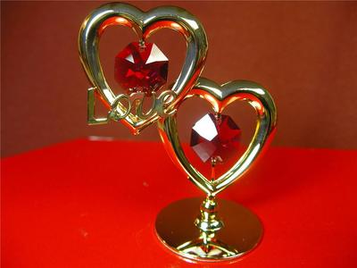 HEARTS 24-K Gold Plated & Austrian Crystal Twin Hearts Figurine & Love Word New