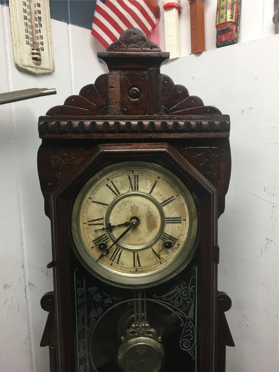 Antique Waterbury Wooden pendulum shelf clock Vintage Stained