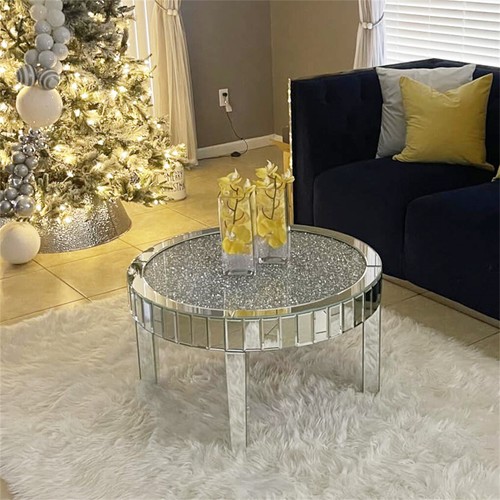 Glam Mirrored Coffee Table Round Silver Accent Table w/ Dazzling Diamonds Inlay - Picture 4 of 13