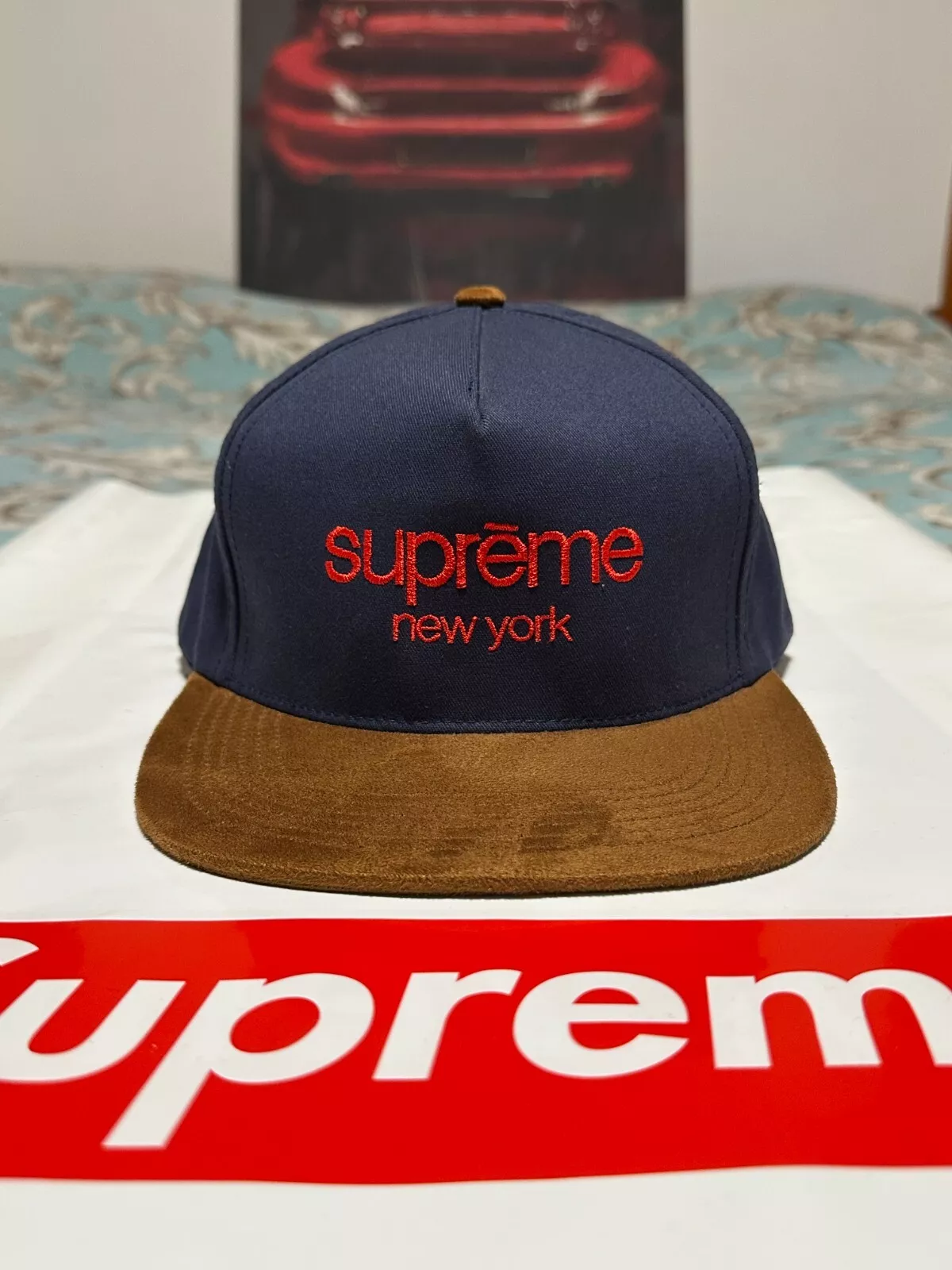 SUPREME CLASSIC LOGO DAIM VISIÈRE 5 PANNEAUX (MARINE) FW15 VINTAGE UTILISÉ 6 PANNEAUX CHAPEAU