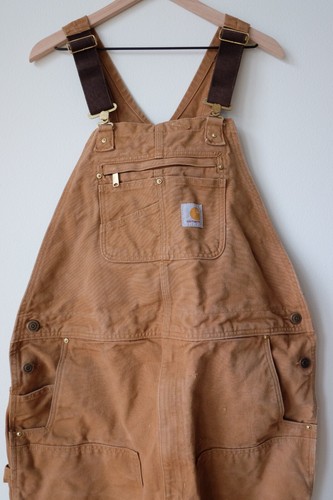 REAL WEAR Carhartt Bib Overall Double Knee Duck Jean Brown Work Distress Shorts - Picture 2 of 4