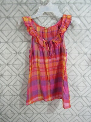 Old Navy Top Size XS Multi Color Plaid Front Tie String Sleeveless Ruffles 