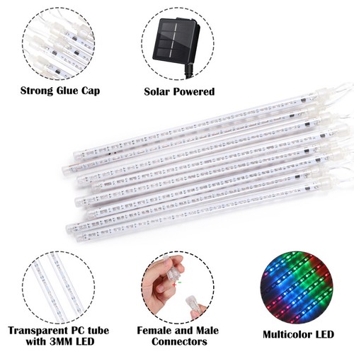 Solar Shower Rain Lights, 8 Tube 144 LEDs Icicle Tree Lights Patio Xmas Decor - Picture 10 of 33