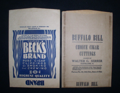 2x Beck's Brand Cigar Clippings & Buffalo Bill Choice Cigar Clippings NOS  Bags