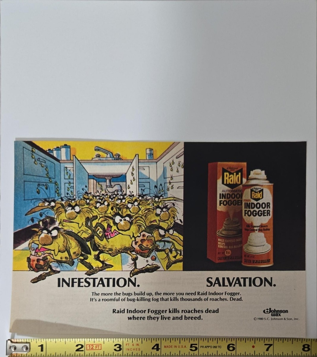 1980 RAID Fogger FAMOUS BUG ILLUSTRATION Kills Roaches Dead Where