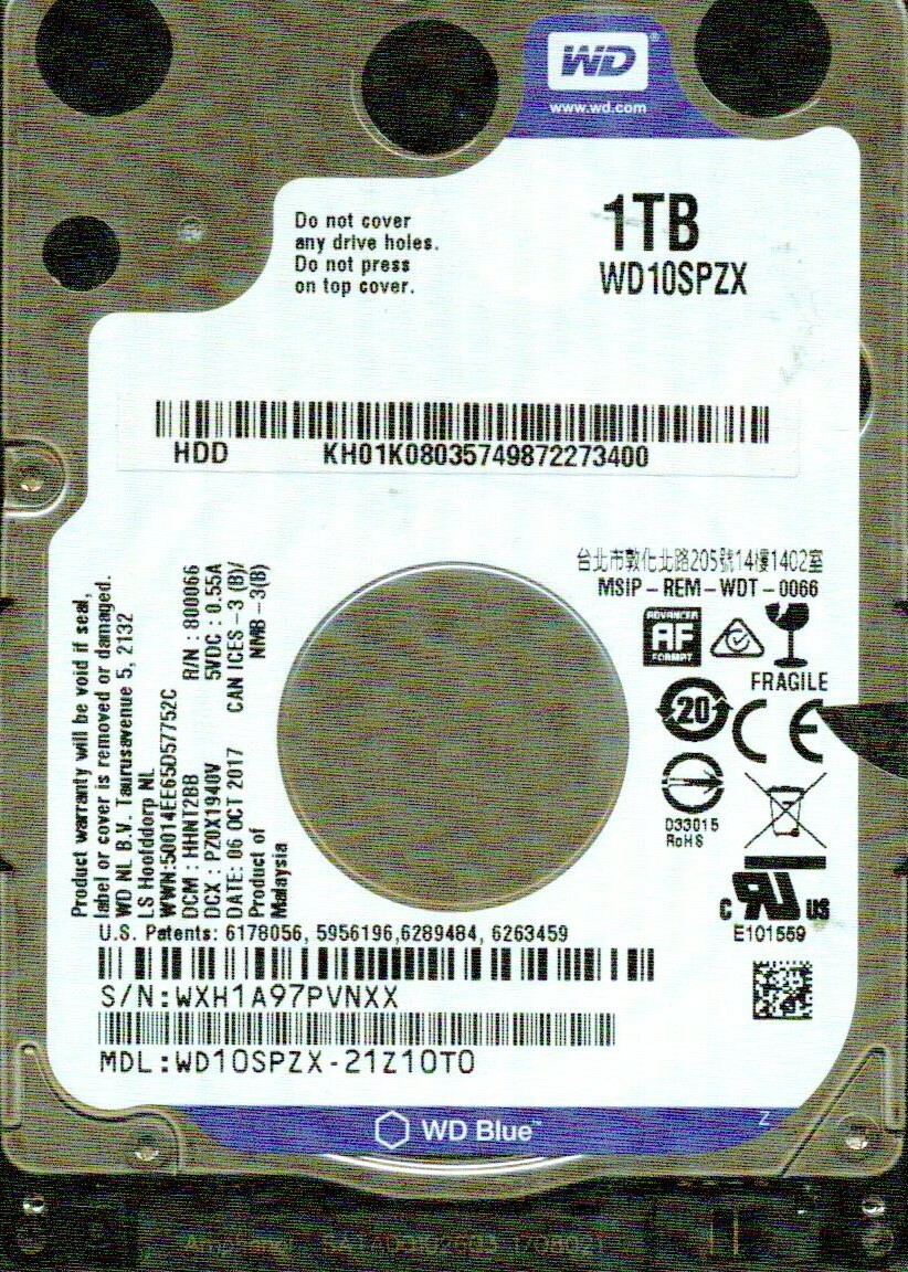 ✨4個セット✨HDD 1000GB✨大容量1TB✨2.5インチ✨05-05 WD10SPZX-17Z10T0, DCM: HHNT2BB WESTERN DIGITAL SATA 1TB WXH1