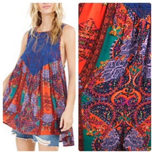 Free People Count Me In Trapez Tunika Top Kleid Gr. S 4-6 Hot Red Kombi - Bild 4 von 4