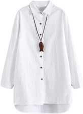 Minibee Women's Linen Shirts Tunics Hi Low Tops Boyfriend Button Down Blouse