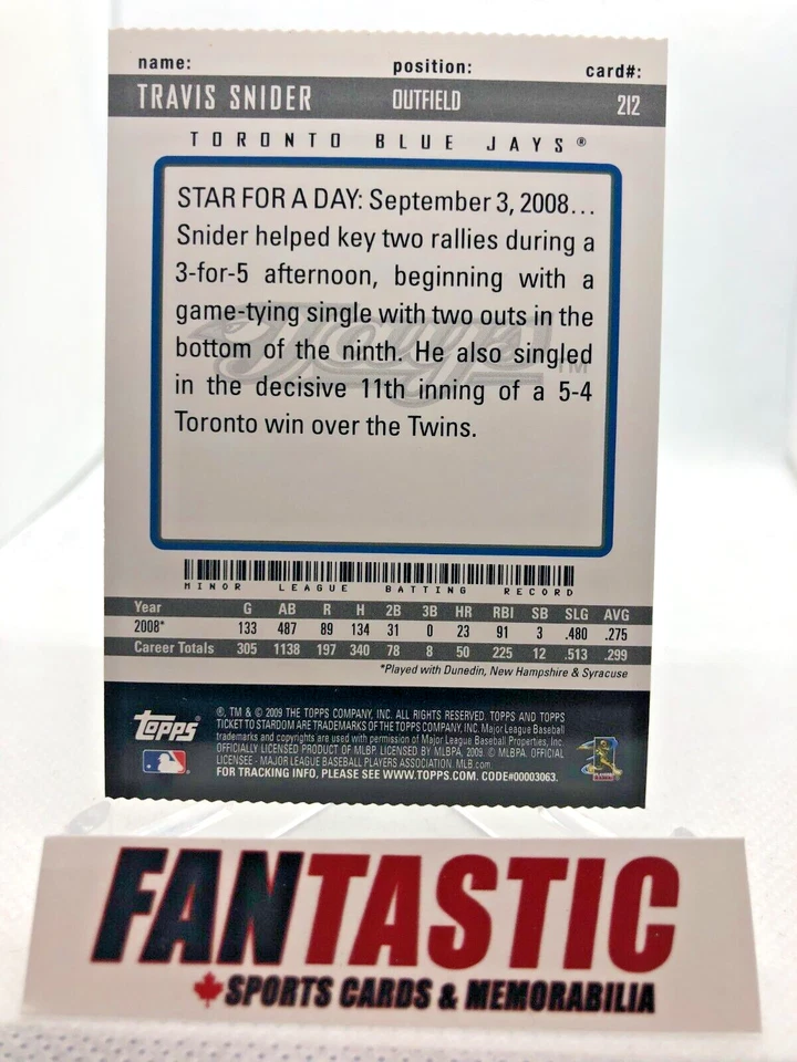 Travis Snider RC #212 2009 Topps Ticket to Stardom Perforated SP Blue Jays - Image 2 of 2