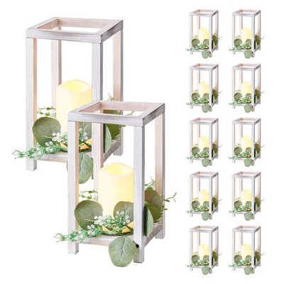 VEVOR 12 Set Wooden Wedding Lantern with LED Candles and Eucalyptus Wreath White