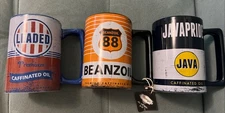 3 BLUE HARBOR MANNY'S GARAGE LEADED CAFFINATED JAVA BEANZOIL OIL COFFEE Mugs