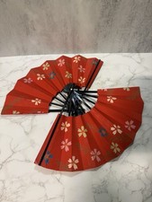 Pair of Red Japanese Style Folding Fans with Floral Design